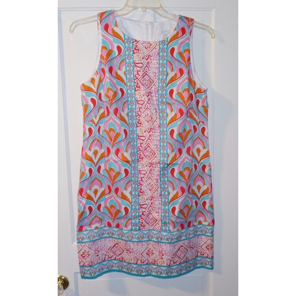 London Times Shift Dress Womens 14 Pink Orange Blue Geometric Paisley Sleeveless